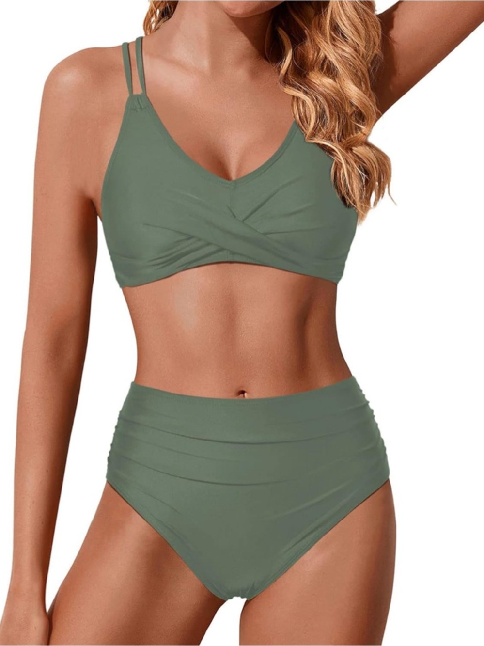 Women's Army Green High-Waist Bikini Set with Double Strap V-Neck